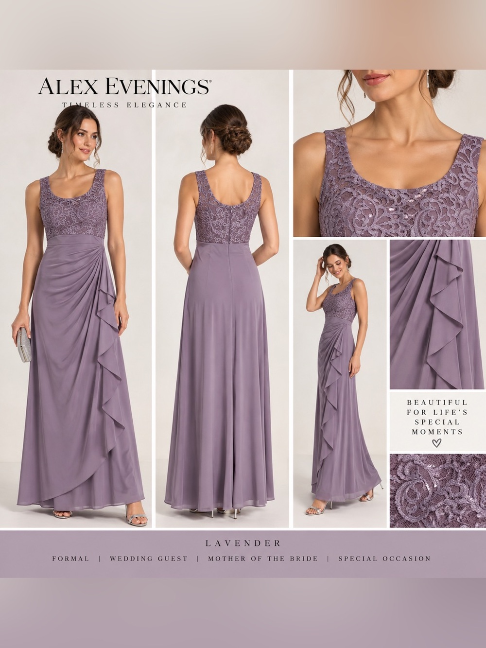 Alex Evenings Lavender Lace Ruched Ruffle Maxi Dress Petite 4P